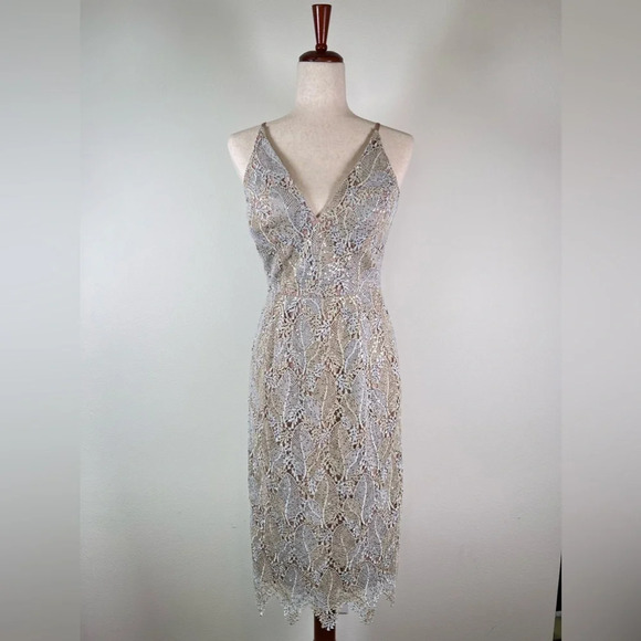 Dress the Population Mini Dress S Sequin Embroidered Leaf Spaghetti Strap Mini - Picture 1 of 15